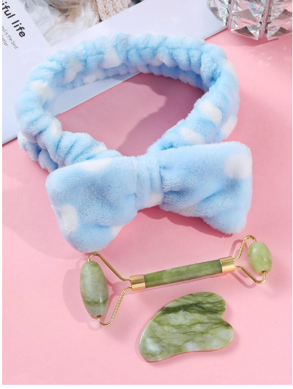 Jade Roller with Gua Sha Board with Hair Hoop